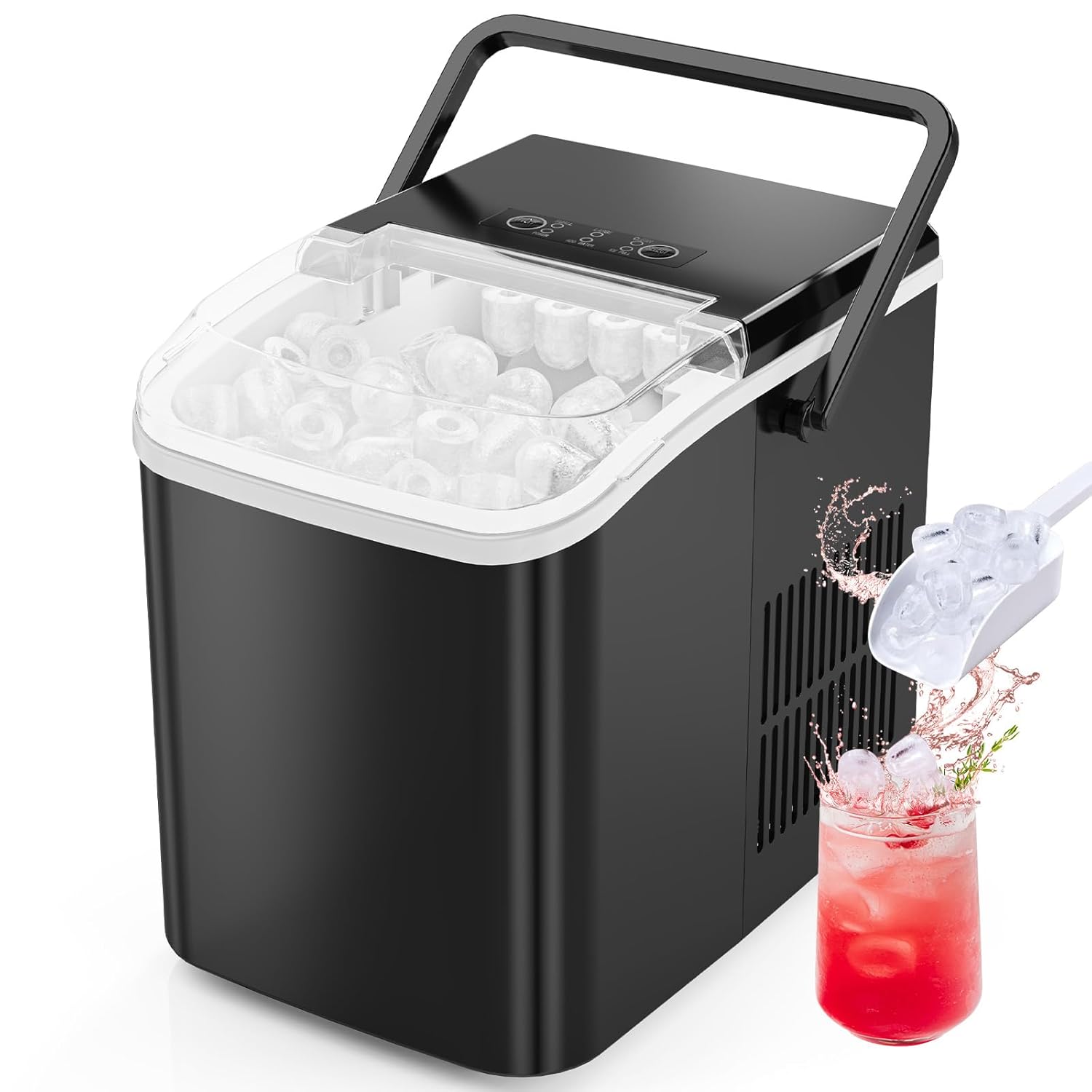 Sweetcrispy Countertop Ice Maker Machine, Portable Self-Cleaning Ice Machine with Ice Scoop, Basket and Handle, 9 Cubes in 6 Mins, 26.5lbs/24Hrs, 2 Sizes of Bullet Ice for Home Kitchen, Coal Black