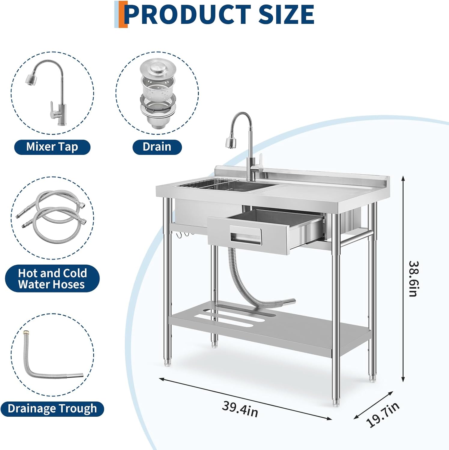 39.4 X 19.7 x 38.6 Inch Stainless Steel Utility Sink, Freestanding Single Bowl Kitchen Sink with Drawer, Pull-Out Hot & Cold Faucet, Built-in Drain Basket, Dish Rack for Laundry Room, Garage