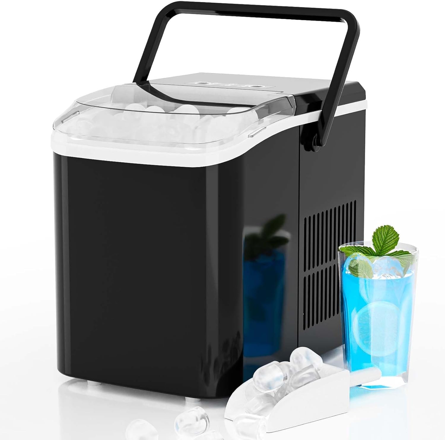 Sweetcrispy Countertop Ice Maker Machine, Portable Self-Cleaning Ice Machine with Ice Scoop, Basket and Handle, 9 Cubes in 6 Mins, 26.5lbs/24Hrs, 2 Sizes of Bullet Ice for Home Kitchen, Coal Black