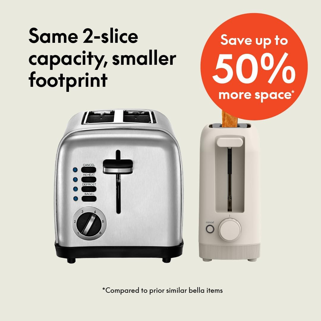 bella 2 Slice Slim Toaster, Fits-anywhere™ Kitchenware, 6 Setting Shade Control with Reheat & Cancel Buttons, Fits sourdough, 10” Long Slot, Anti Jam & Auto Shutoff, 900 Watt, Oatmilk