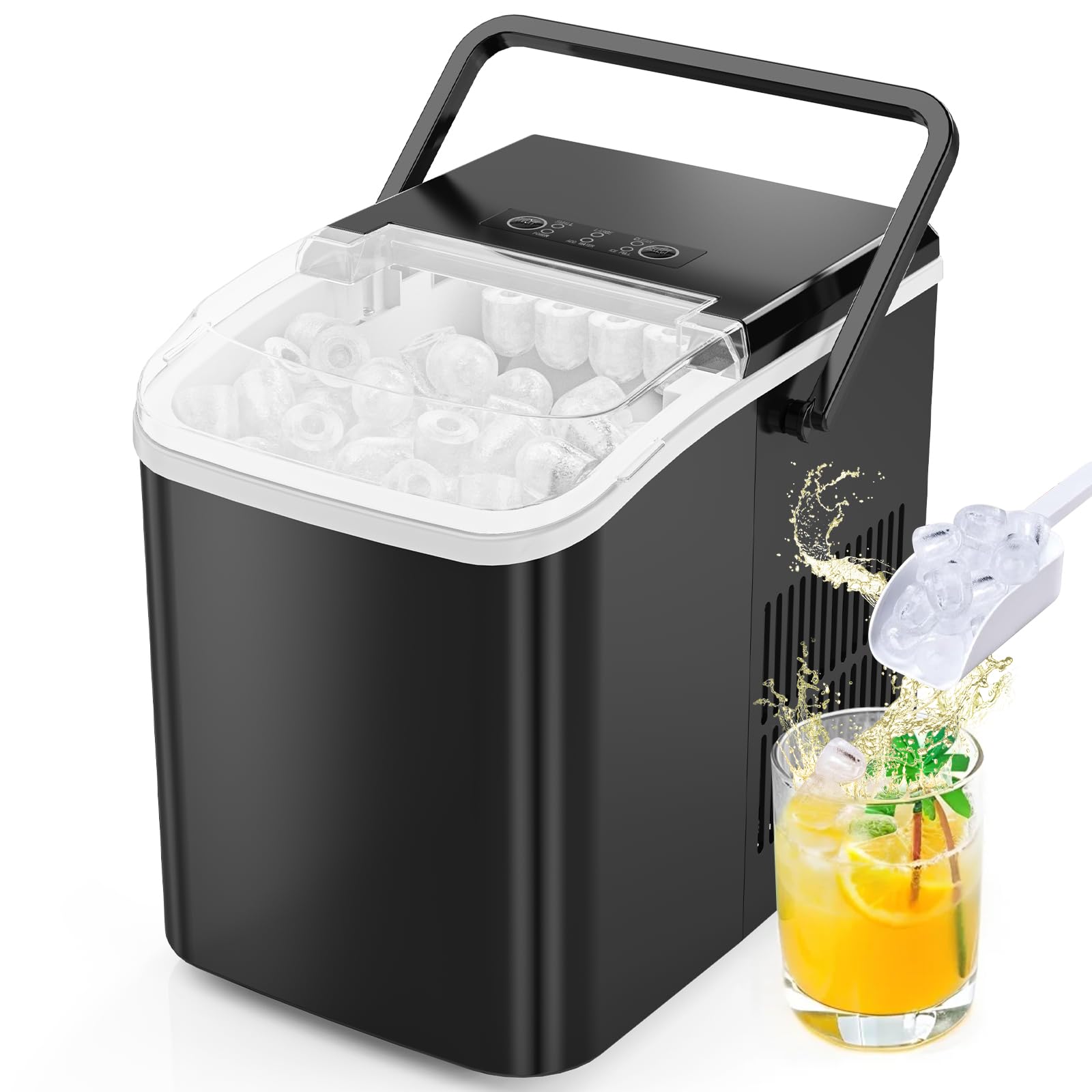 Sweetcrispy Countertop Ice Maker Machine, Portable Self-Cleaning Ice Machine with Ice Scoop, Basket and Handle, 9 Cubes in 6 Mins, 26.5lbs/24Hrs, 2 Sizes of Bullet Ice for Home Kitchen, Coal Black