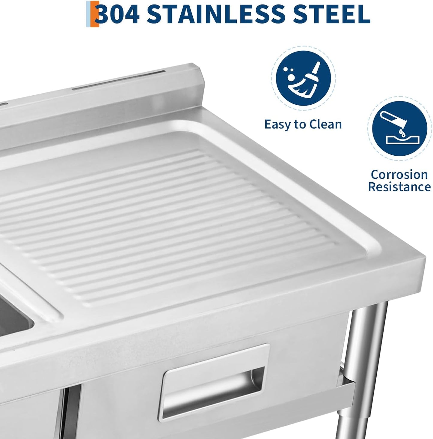 39.4 X 19.7 x 38.6 Inch Stainless Steel Utility Sink, Freestanding Single Bowl Kitchen Sink with Drawer, Pull-Out Hot & Cold Faucet, Built-in Drain Basket, Dish Rack for Laundry Room, Garage