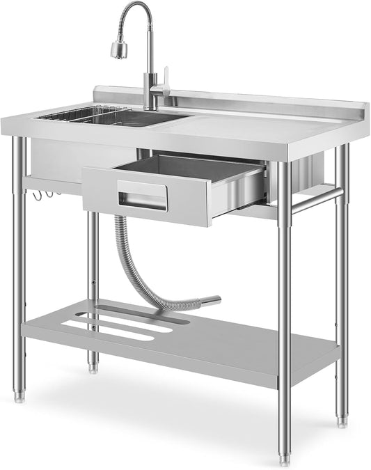 39.4 X 19.7 x 38.6 Inch Stainless Steel Utility Sink, Freestanding Single Bowl Kitchen Sink with Drawer, Pull-Out Hot & Cold Faucet, Built-in Drain Basket, Dish Rack for Laundry Room, Garage