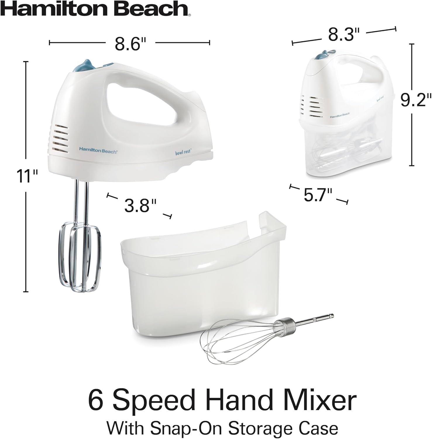 Hamilton Beach 6-Speed Electric Hand Mixer with Whisk, Traditional Beaters, Snap-On Storage Case, 250 Watts, White