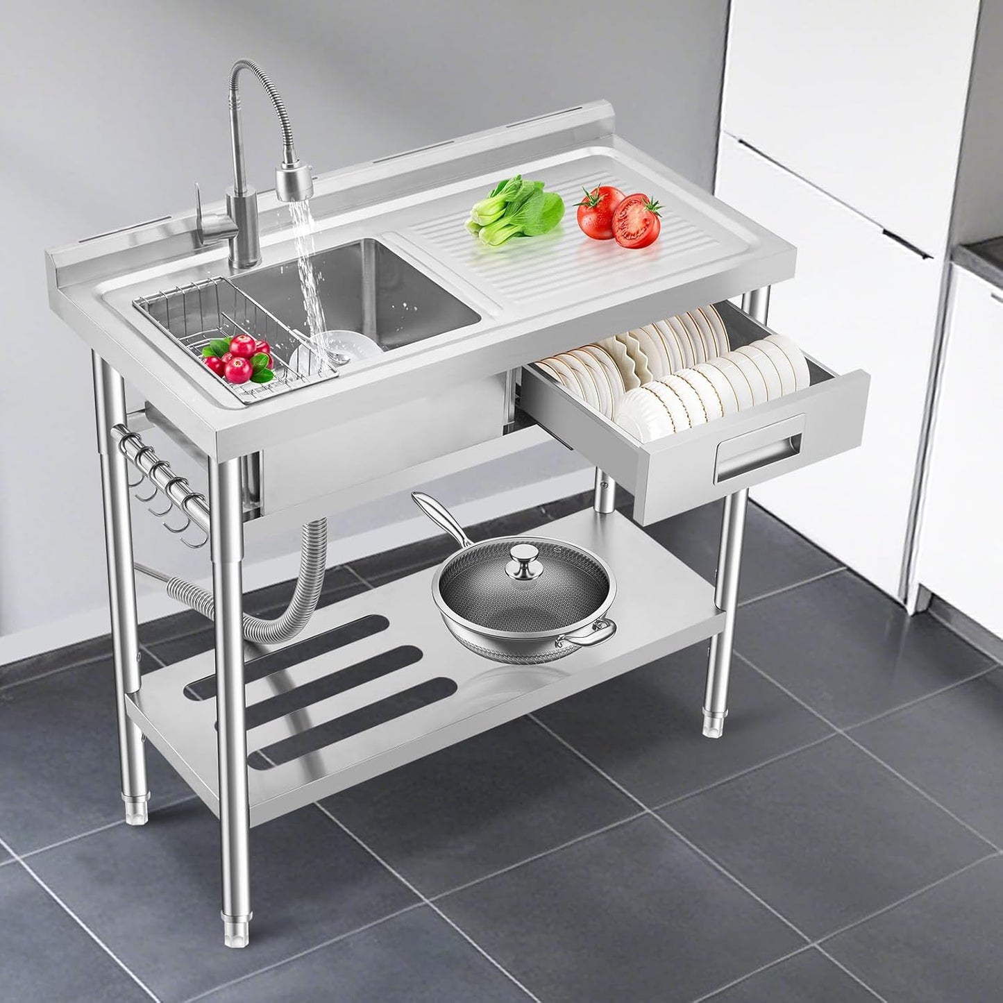39.4 X 19.7 x 38.6 Inch Stainless Steel Utility Sink, Freestanding Single Bowl Kitchen Sink with Drawer, Pull-Out Hot & Cold Faucet, Built-in Drain Basket, Dish Rack for Laundry Room, Garage