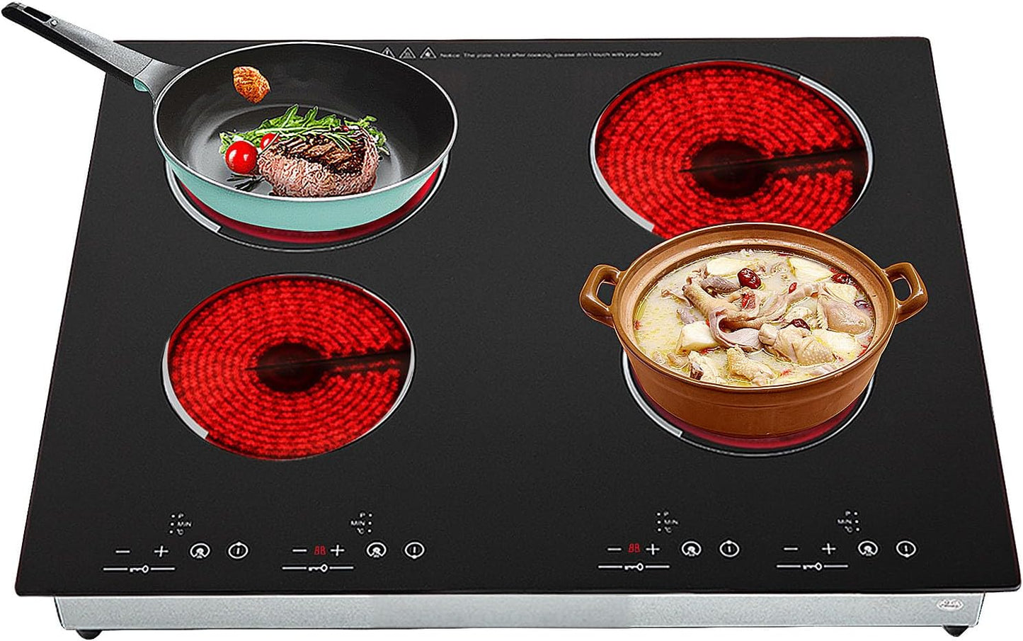 4 Burner Electric Cooktop 110V, 23 Inch Electric Stove Countertop & Built-in, 3000W Ceramic Stove Top with 9 Heating Level, Child Lock, Timer, Hard Wire, No Plug