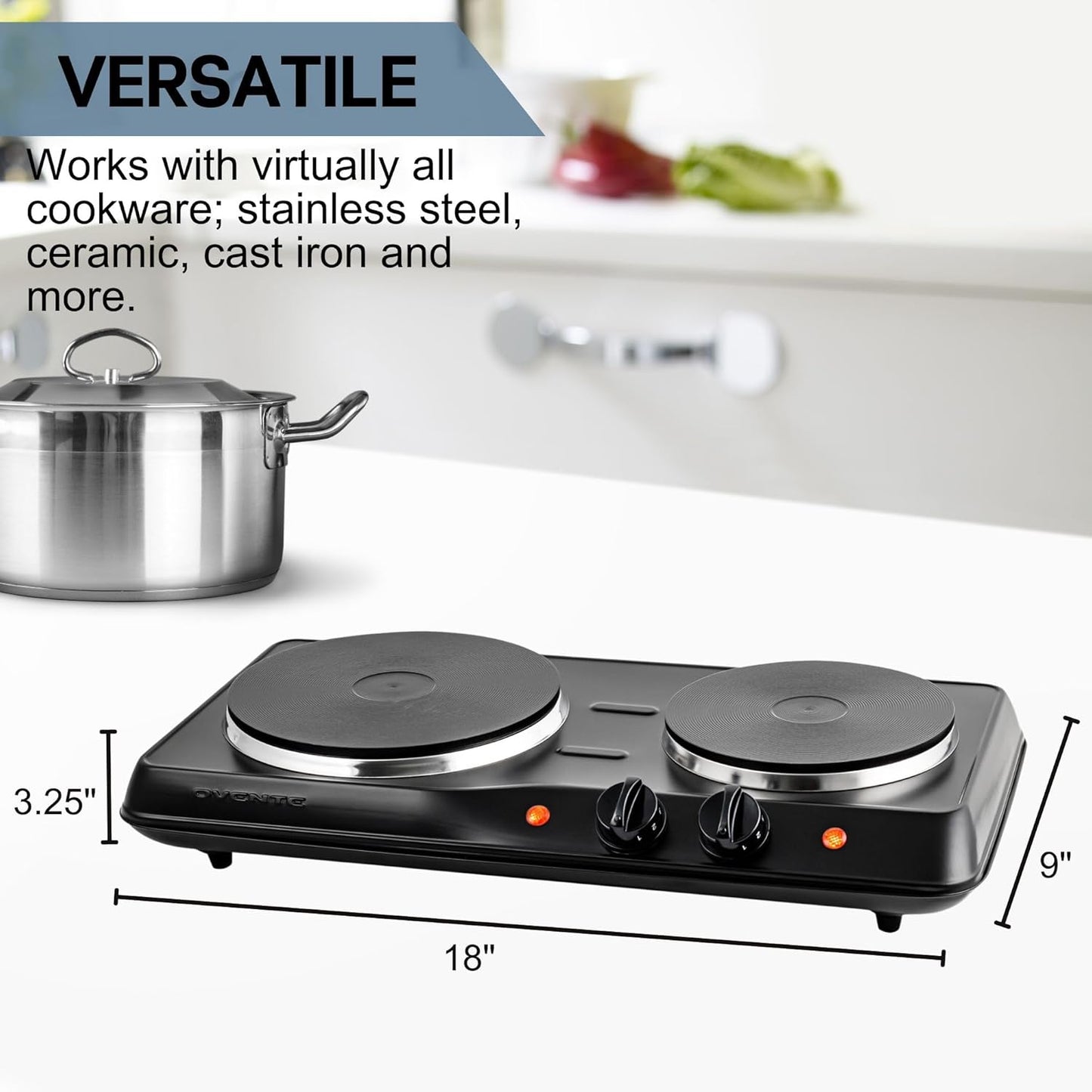OVENTE Electric Countertop Double Burner, 1700W Cooktop with 7.25" and 6.10" Cast Iron Hot Plates, Temperature Control, Portable Cooking Stove and Easy to Clean Stainless Steel Base, Black BGS102B