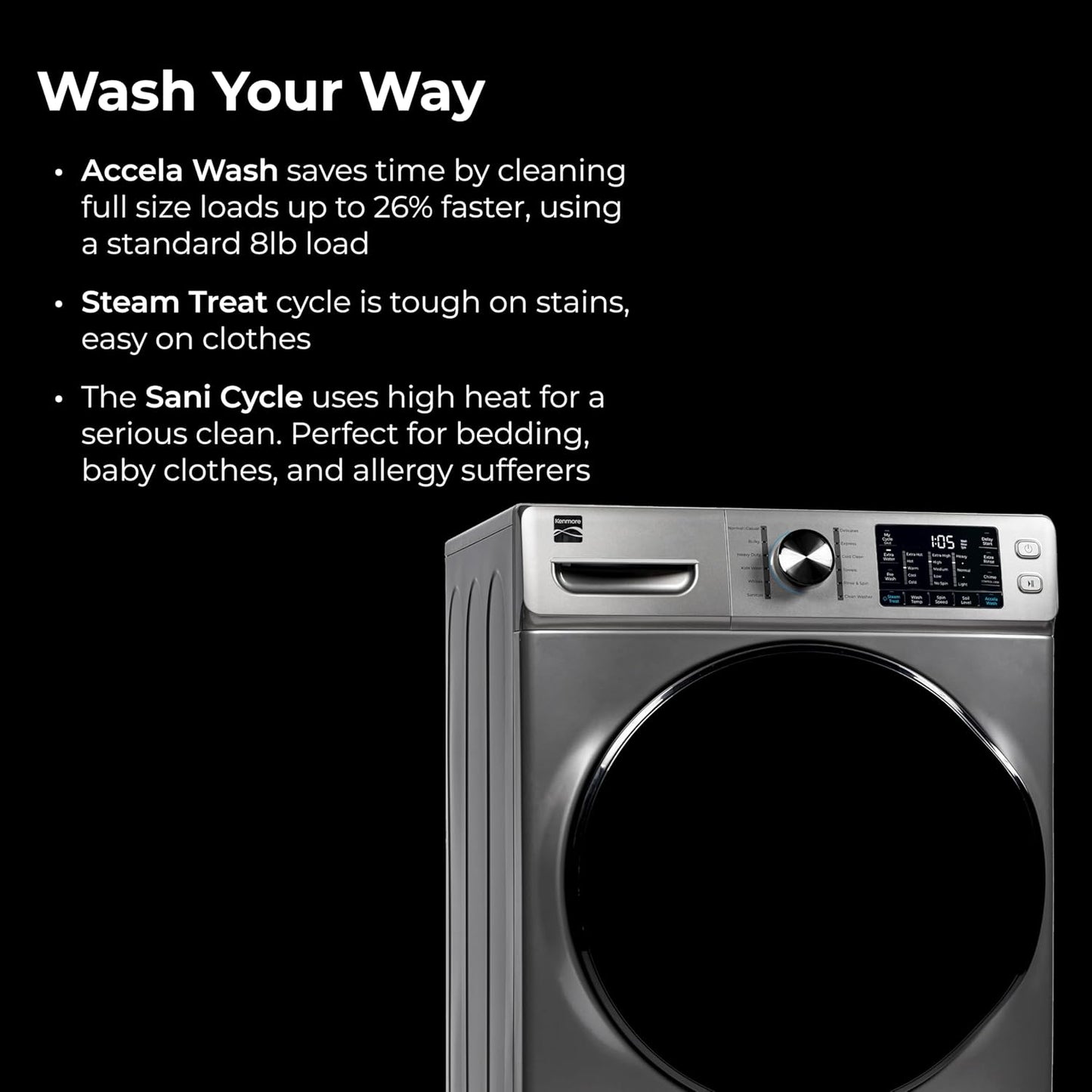 Kenmore 4.5 cu. ft. Front Load Washer with Stain Removing Steam Treatment - Reduce Laundry Time with Accela Wash - LED - ENERGY STAR Certified - Metallic Silver