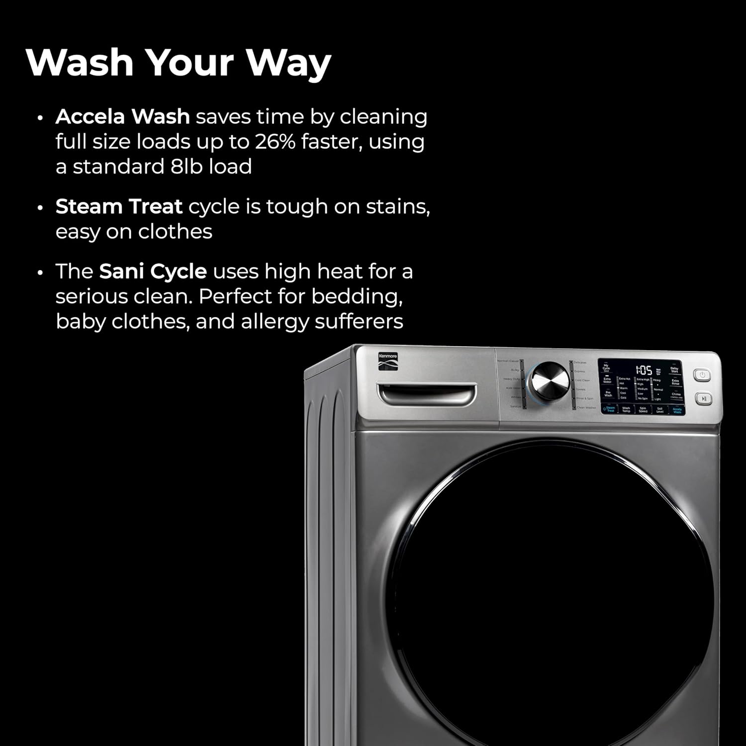 Kenmore 4.5 cu. ft. Front Load Washer with Stain Removing Steam Treatment - Reduce Laundry Time with Accela Wash - LED - ENERGY STAR Certified - Metallic Silver