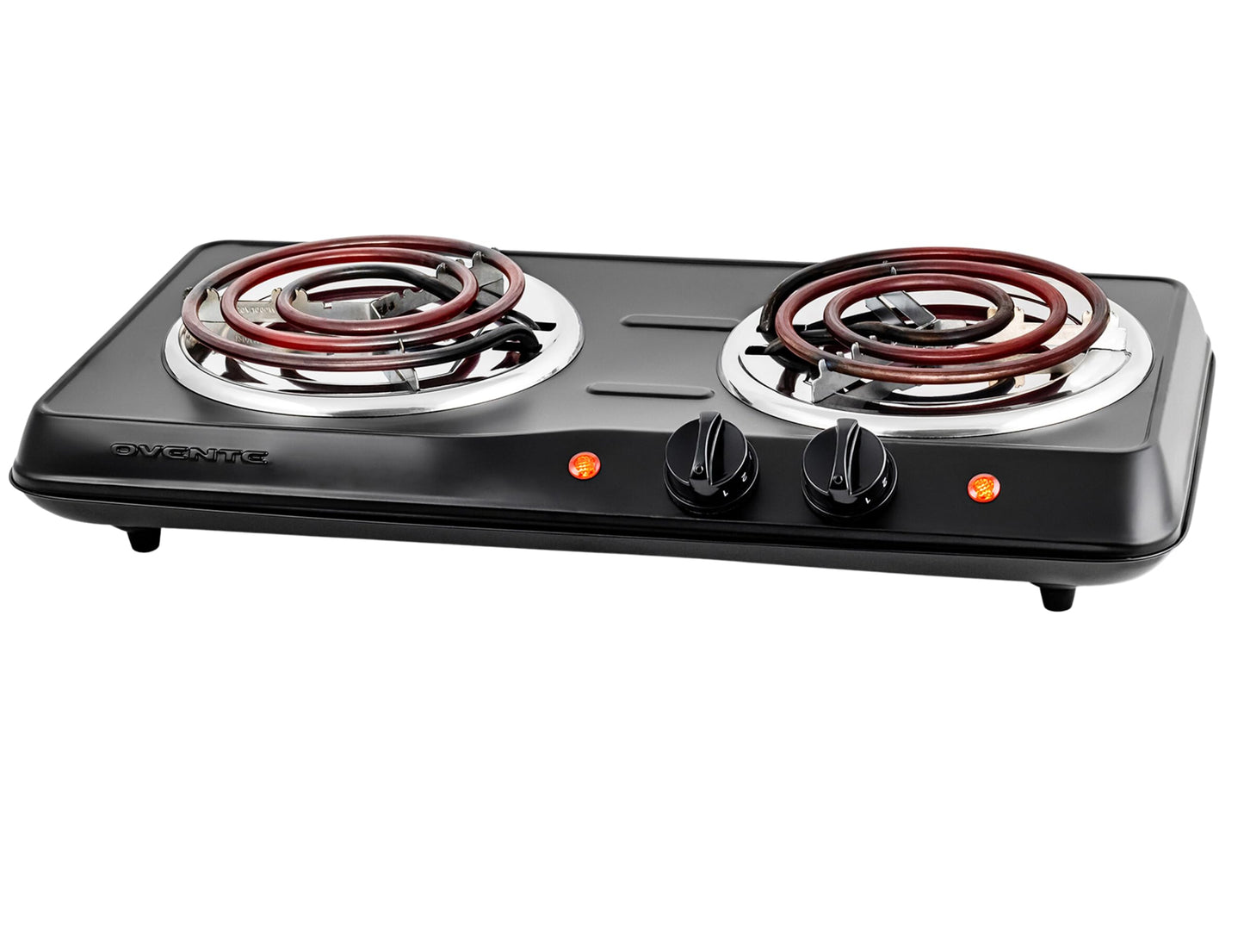 OVENTE Electric Countertop Double Burner, 1700W Cooktop with 7.25" and 6.10" Cast Iron Hot Plates, Temperature Control, Portable Cooking Stove and Easy to Clean Stainless Steel Base, Black BGS102B
