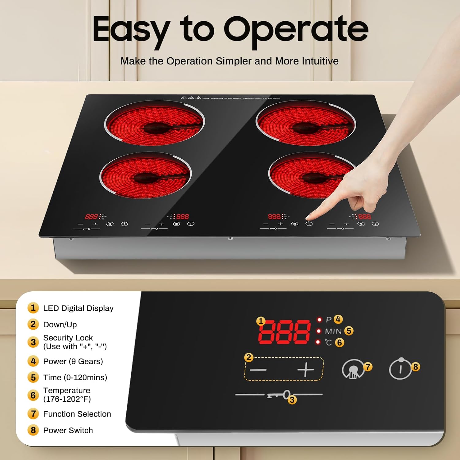 4 Burner Electric Cooktop 110V, 23 Inch Electric Stove Countertop & Built-in, 3000W Ceramic Stove Top with 9 Heating Level, Child Lock, Timer, Hard Wire, No Plug