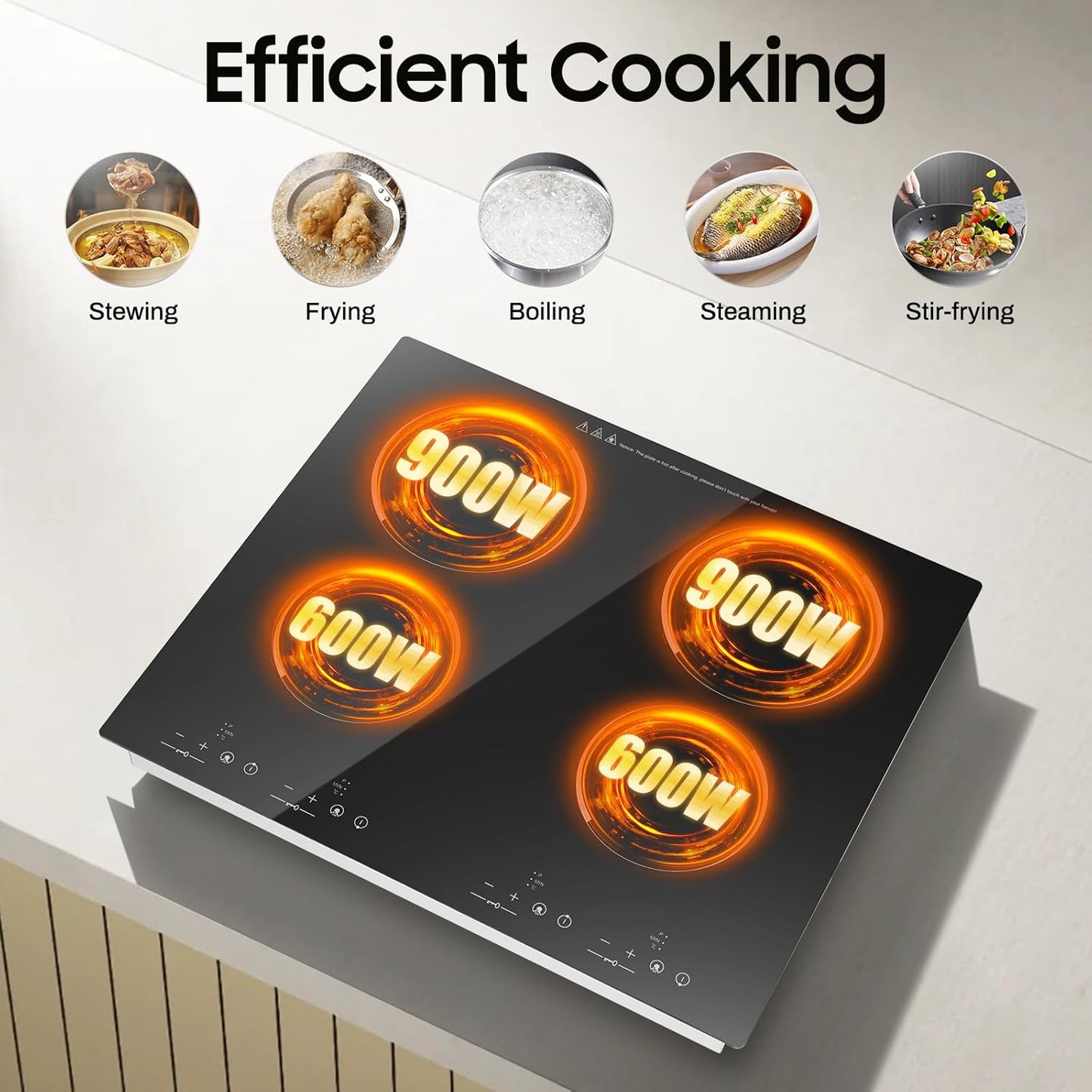 4 Burner Electric Cooktop 110V, 23 Inch Electric Stove Countertop & Built-in, 3000W Ceramic Stove Top with 9 Heating Level, Child Lock, Timer, Hard Wire, No Plug
