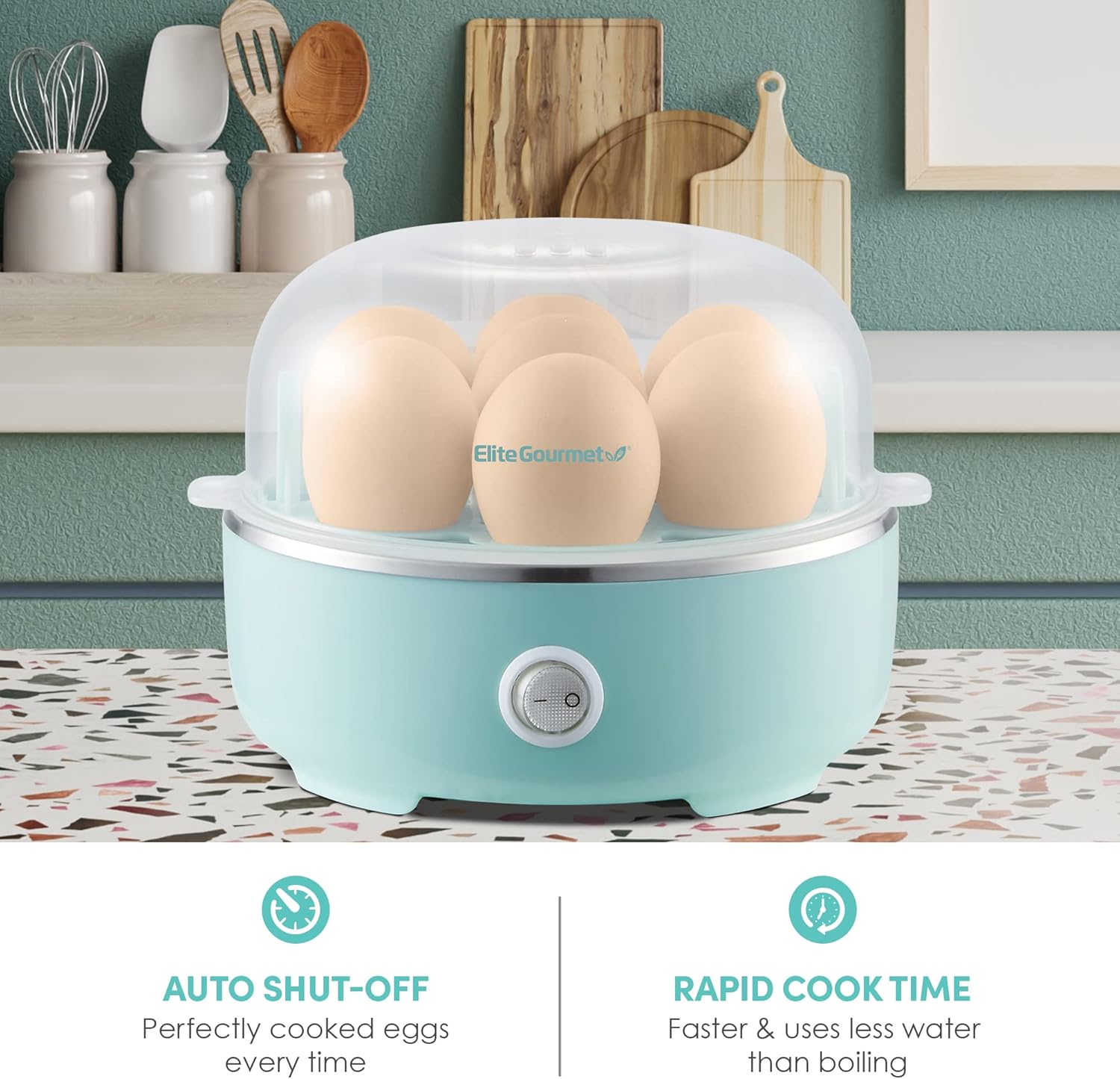 Elite Gourmet EGC115M Easy Egg Cooker Electric 7-Egg Capacity, Soft, Medium, Hard-Boiled Egg Cooker with Auto Shut-Off, Measuring Cup Included, BPA Free, Retro Mint