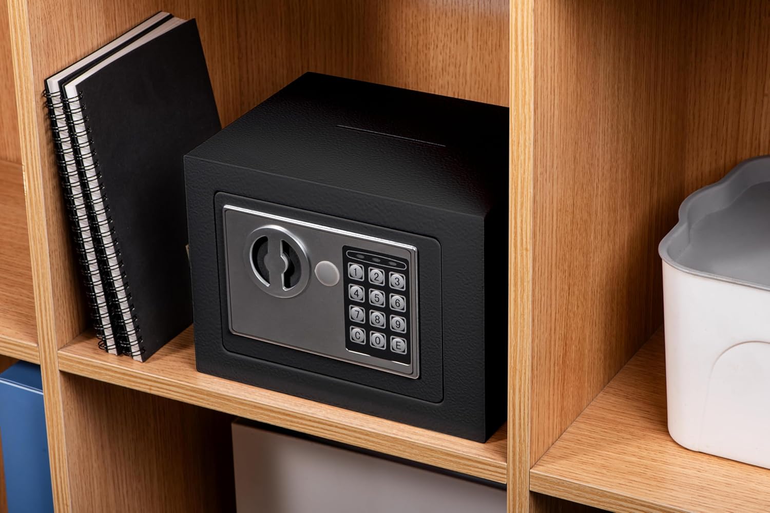 Small Electronic Safe Box With Digital Keypad & Keys - 9.05 x 6.7 x 6.7 Inches Wall Safe 0.23Cuft Mini Security Box for Coin Home Office Hotel Rooms Business Jewelry Gun (Black)