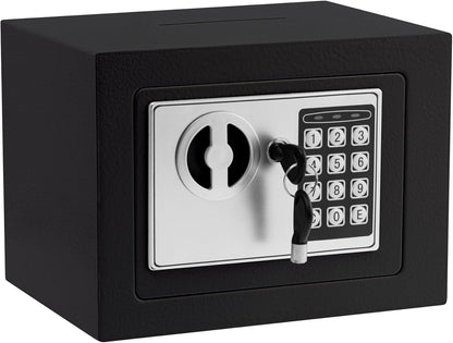Small Electronic Safe Box With Digital Keypad & Keys - 9.05 x 6.7 x 6.7 Inches Wall Safe 0.23Cuft Mini Security Box for Coin Home Office Hotel Rooms Business Jewelry Gun (Black)