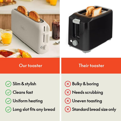 bella 2 Slice Slim Toaster, Fits-anywhere™ Kitchenware, 6 Setting Shade Control with Reheat & Cancel Buttons, Fits sourdough, 10” Long Slot, Anti Jam & Auto Shutoff, 900 Watt, Oatmilk
