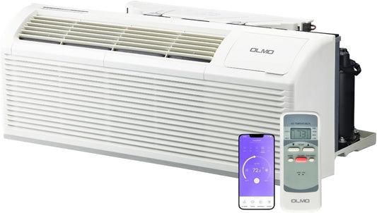 OLMO 9,000 BTU PTAC – Heating & Cooling – Packaged Terminal Air Conditioner & Heat Strip – Built-In 3.5kW Electric Heater – Includes Wireless Smart Kit, Remote & Power Cord – R-32 Refrigerant