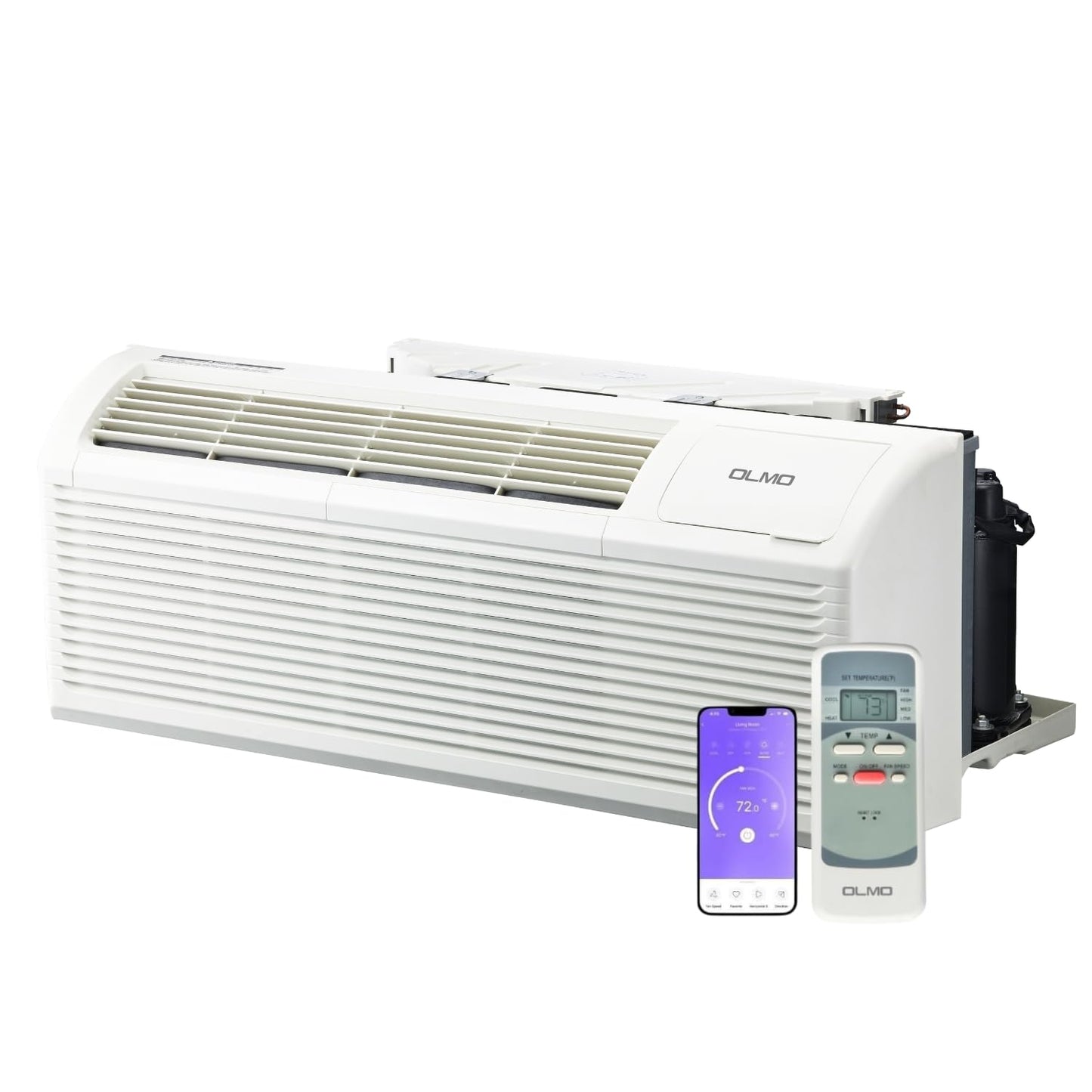 OLMO 9,000 BTU PTAC – Heating & Cooling – Packaged Terminal Air Conditioner & Heat Strip – Built-In 3.5kW Electric Heater – Includes Wireless Smart Kit, Remote & Power Cord – R-32 Refrigerant