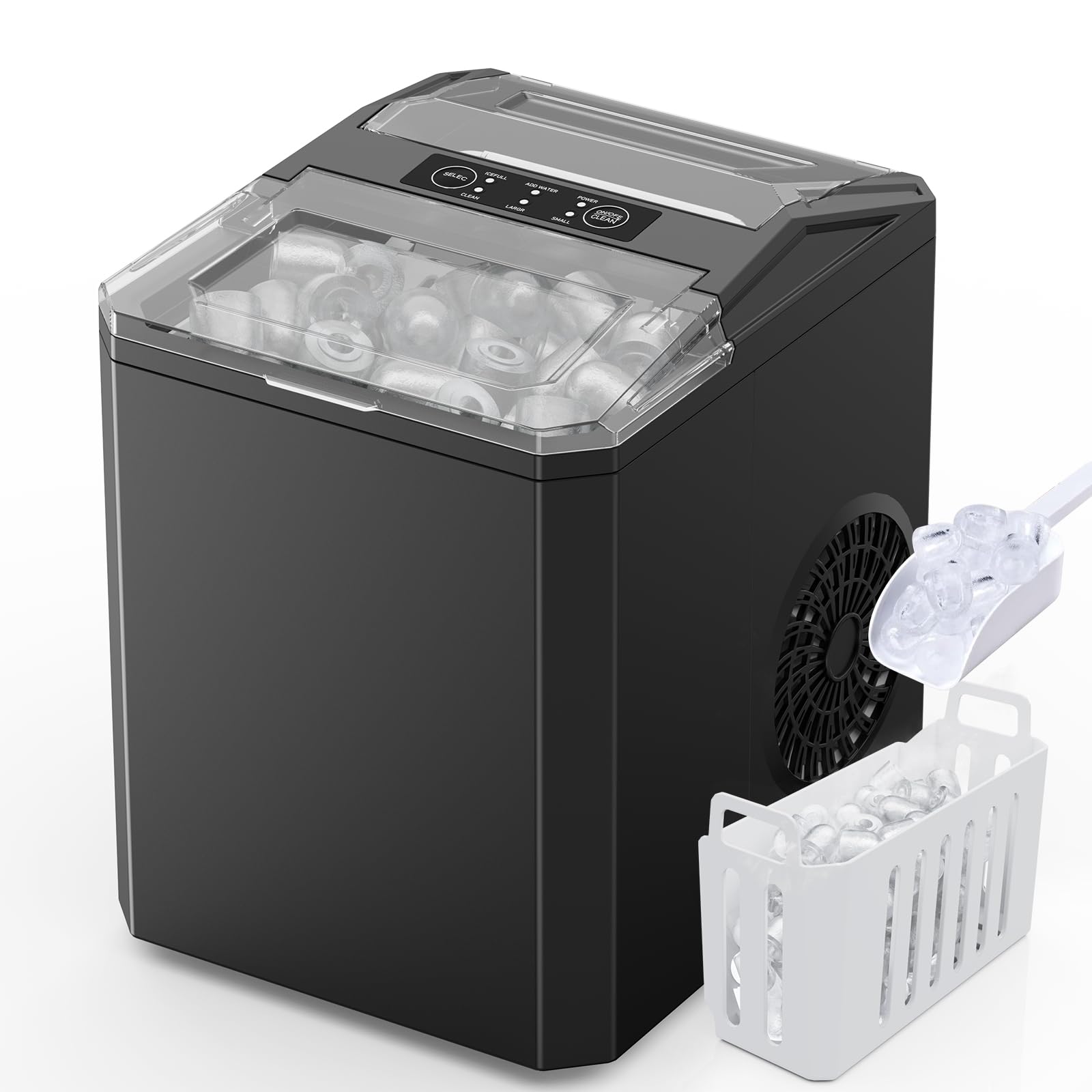 Sweetcrispy Countertop Ice Maker Machine, Portable Self-Cleaning Ice Machine with Ice Scoop, Basket and Handle, 9 Cubes in 6 Mins, 26.5lbs/24Hrs, 2 Sizes of Bullet Ice for Home Kitchen, Coal Black