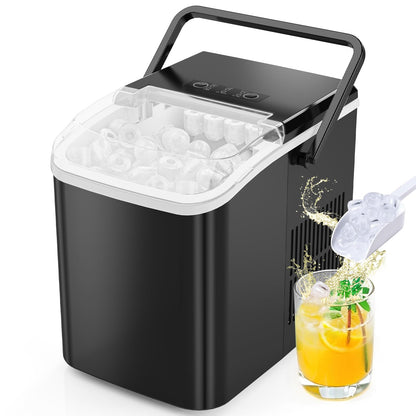Sweetcrispy Countertop Ice Maker Machine, Portable Self-Cleaning Ice Machine with Ice Scoop, Basket and Handle, 9 Cubes in 6 Mins, 26.5lbs/24Hrs, 2 Sizes of Bullet Ice for Home Kitchen, Coal Black