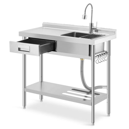 39.4 X 19.7 x 38.6 Inch Stainless Steel Utility Sink, Freestanding Single Bowl Kitchen Sink with Drawer, Pull-Out Hot & Cold Faucet, Built-in Drain Basket, Dish Rack for Laundry Room, Garage