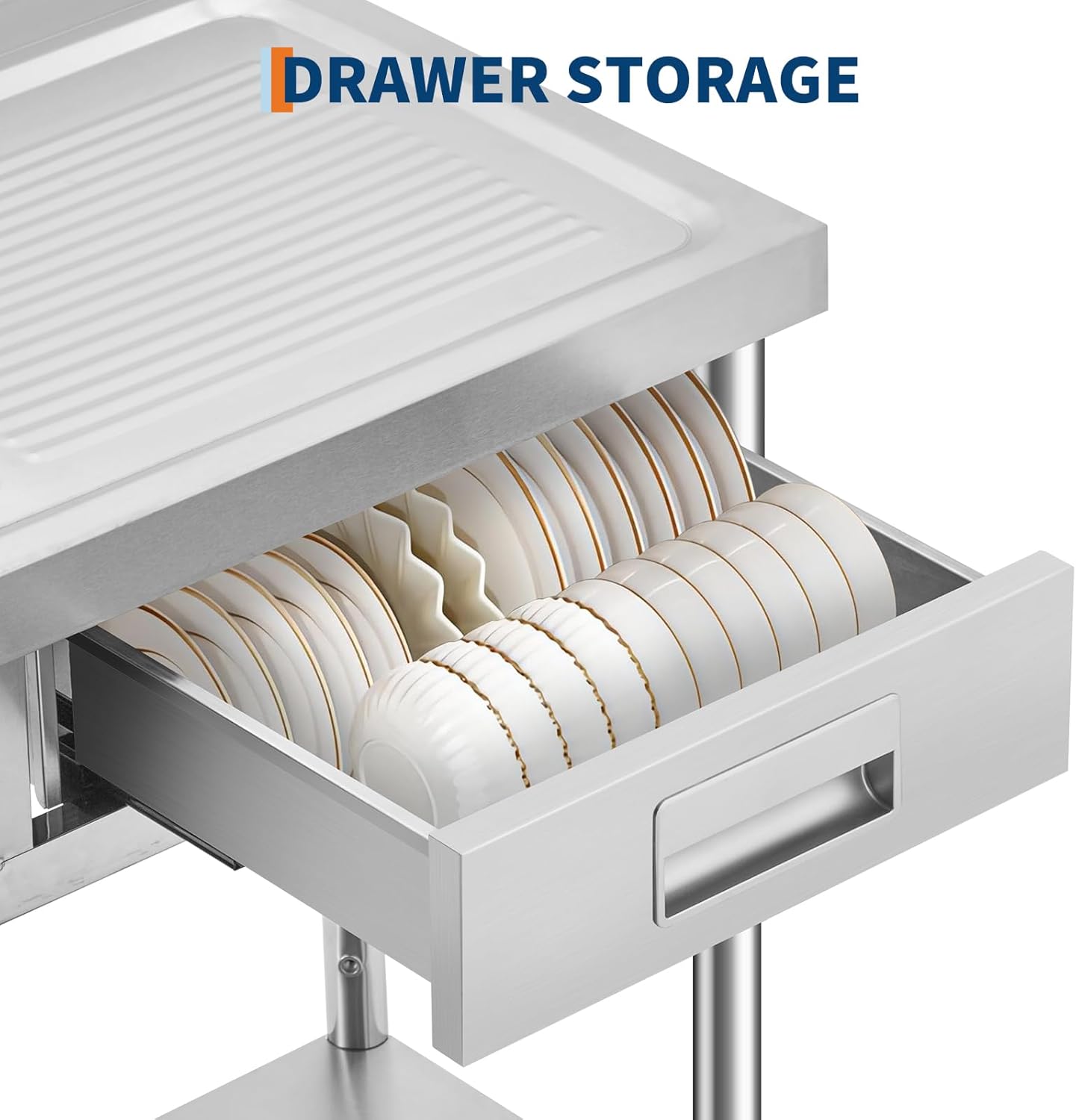 39.4 X 19.7 x 38.6 Inch Stainless Steel Utility Sink, Freestanding Single Bowl Kitchen Sink with Drawer, Pull-Out Hot & Cold Faucet, Built-in Drain Basket, Dish Rack for Laundry Room, Garage