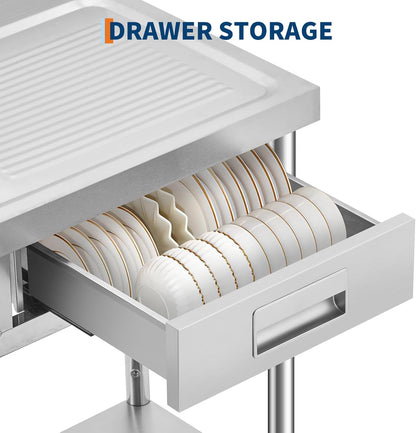 39.4 X 19.7 x 38.6 Inch Stainless Steel Utility Sink, Freestanding Single Bowl Kitchen Sink with Drawer, Pull-Out Hot & Cold Faucet, Built-in Drain Basket, Dish Rack for Laundry Room, Garage