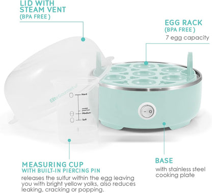 Elite Gourmet EGC115M Easy Egg Cooker Electric 7-Egg Capacity, Soft, Medium, Hard-Boiled Egg Cooker with Auto Shut-Off, Measuring Cup Included, BPA Free, Retro Mint