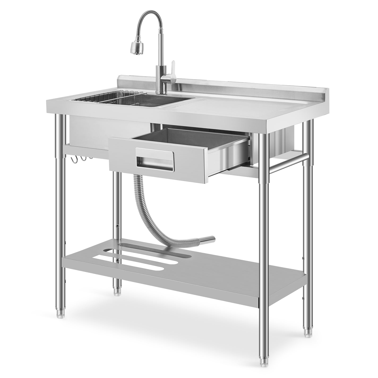 39.4 X 19.7 x 38.6 Inch Stainless Steel Utility Sink, Freestanding Single Bowl Kitchen Sink with Drawer, Pull-Out Hot & Cold Faucet, Built-in Drain Basket, Dish Rack for Laundry Room, Garage