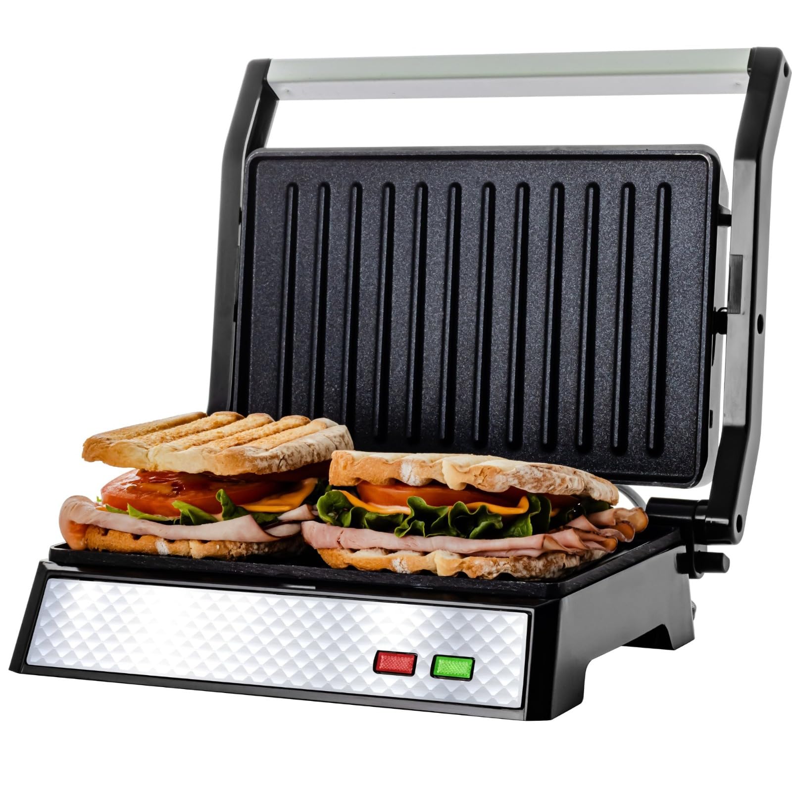 OVENTE Electric Sandwich Maker with Non-Stick Plates, Indicator Lights, Cool Touch Handle, Easy to Clean and Store, Perfect for Cooking Breakfast, Grilled Cheese, Tuna Melts and Snacks, Black GPS401B