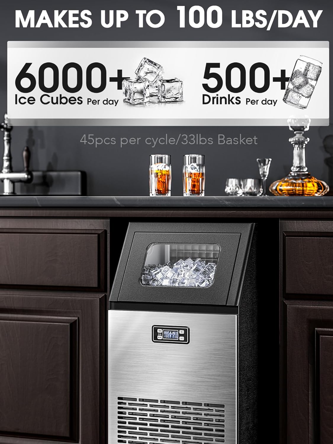 Commercial Ice Maker,2025 Upgraded-101lbs/24H Stainless Steel Ice Machine with 33lbs Storage Capacity, Auto Self-Cleaning, LED Digital Display, 45 Ice Cubes in 12 Mins,Home/Bar/Restaurant