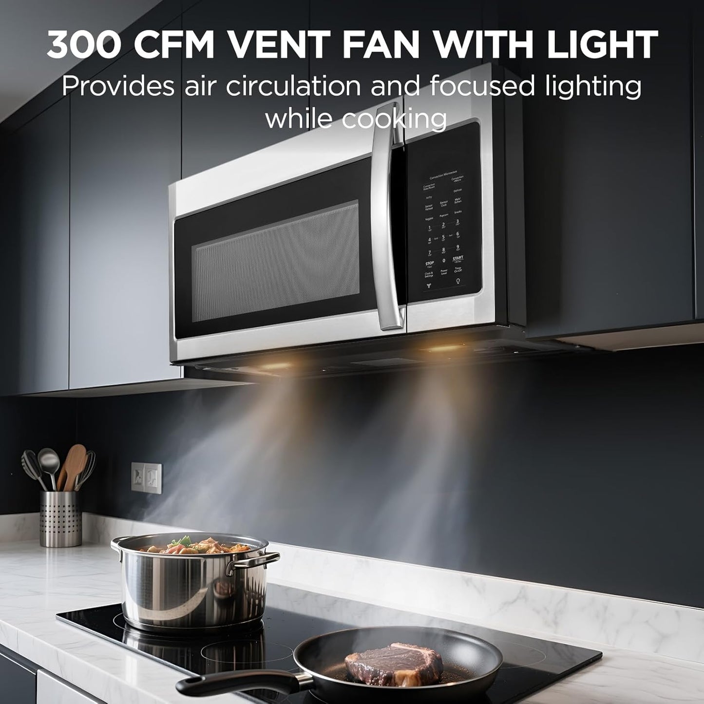 BLACK+DECKER Over the Range Microwave Oven with Air Fryer, Convection, and Bake Modes, 1.5 cu.ft., Stainless Steel, 900 Watts, EC942K6CE-SS