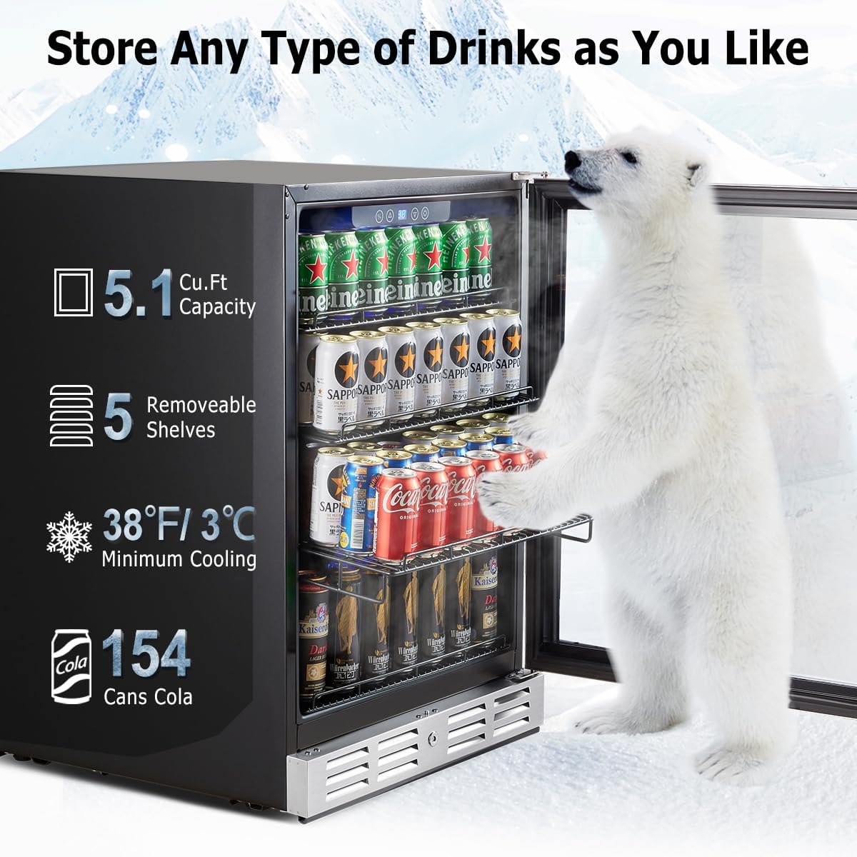 Kalamera 24 inch Beverage Refrigerator - 154 Cans Capacity Beverage Cooler- Fit Perfectly into 24" Space Built in Counter or Freestanding - for Soda, Water, Beer or Wine - For Kitchen, Bar or Office