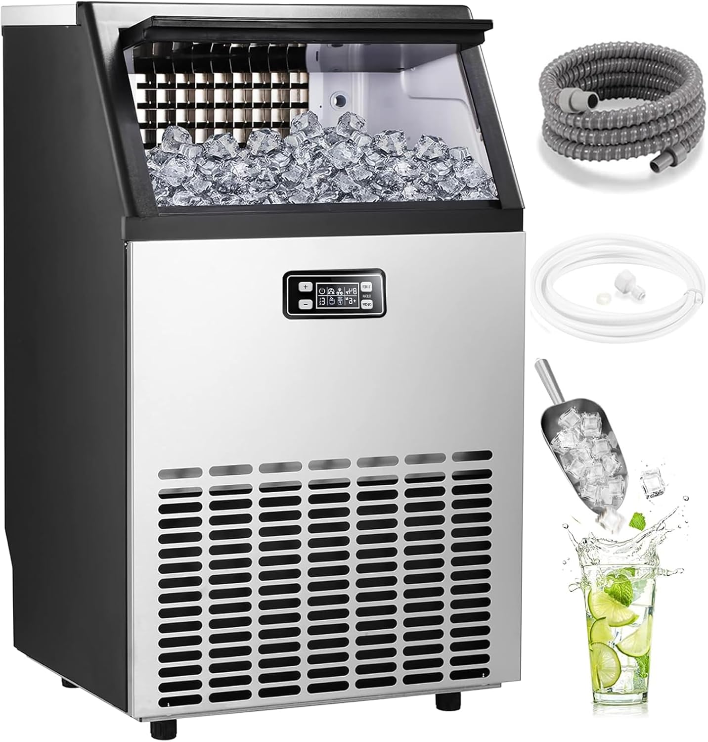 Commercial Ice Maker,2025 Upgraded-101lbs/24H Stainless Steel Ice Machine with 33lbs Storage Capacity, Auto Self-Cleaning, LED Digital Display, 45 Ice Cubes in 12 Mins,Home/Bar/Restaurant