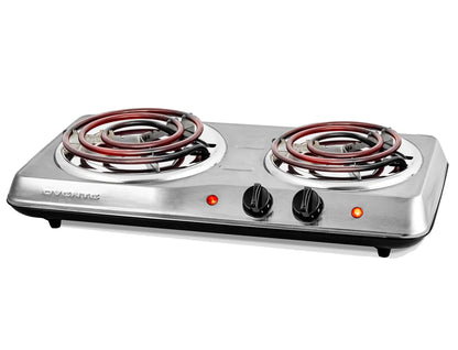 OVENTE Electric Countertop Double Burner, 1700W Cooktop with 7.25" and 6.10" Cast Iron Hot Plates, Temperature Control, Portable Cooking Stove and Easy to Clean Stainless Steel Base, Black BGS102B