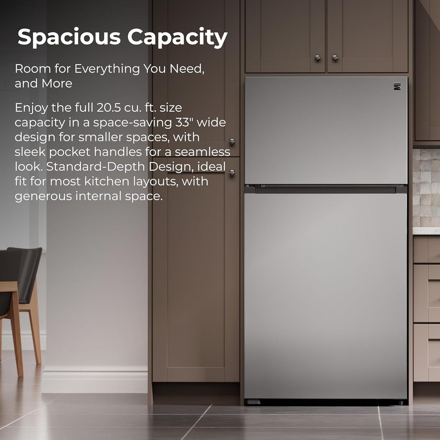 Kenmore 33 in. 20.5 cu. ft. Capacity Refrigerator/Freezer with Full-Width Adjustable Glass Shelving, Humidity Control Crispers, ENERGY STAR Certified, Fingerprint Resistant Stainless Steel