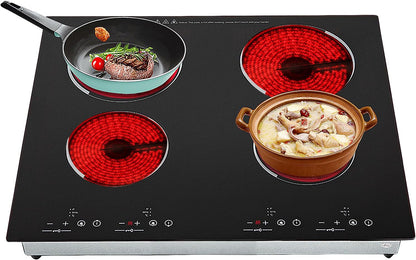 4 Burner Electric Cooktop 110V, 23 Inch Electric Stove Countertop & Built-in, 3000W Ceramic Stove Top with 9 Heating Level, Child Lock, Timer, Hard Wire, No Plug