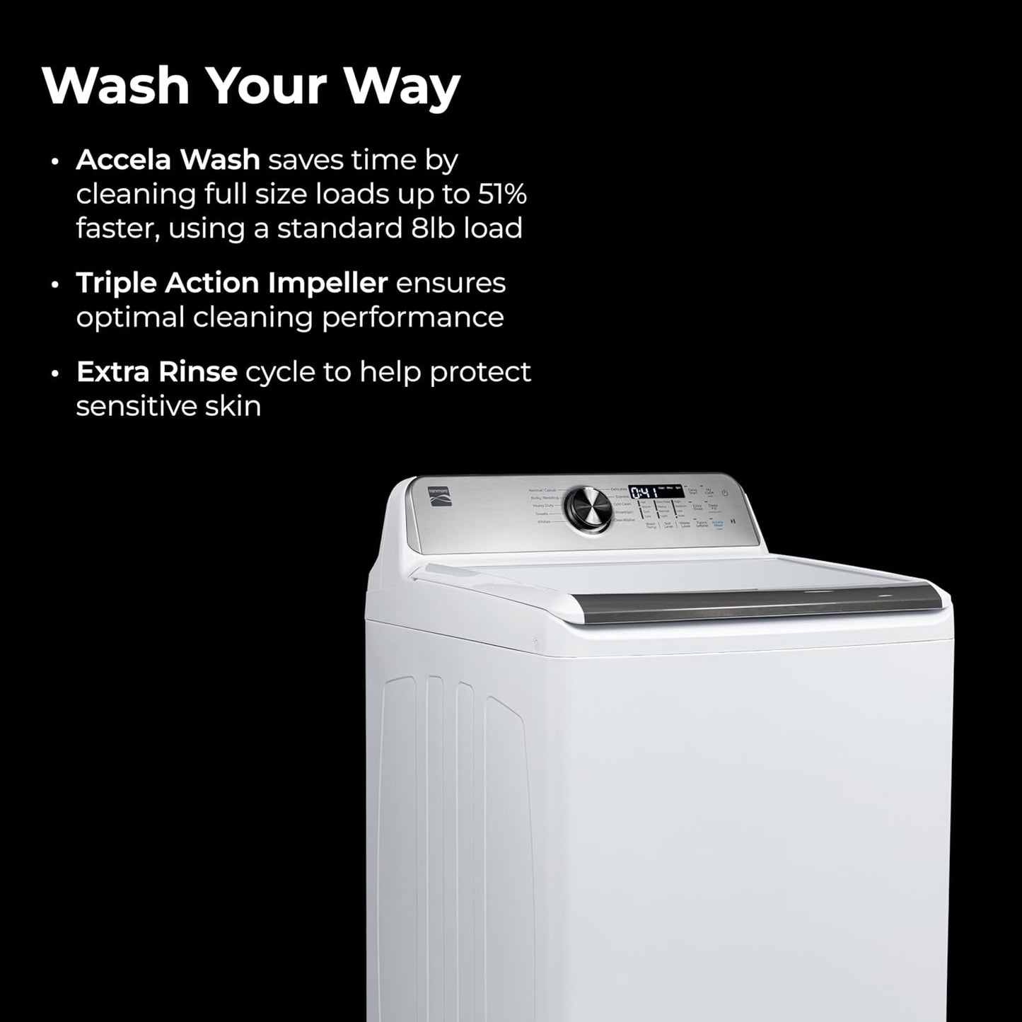 Kenmore 4.5 cu. ft. Top Load Washer with Triple Action Impeller for Tough Dirt & Stains-Reduce Laundry Time with Accela and Express Wash-LED, White