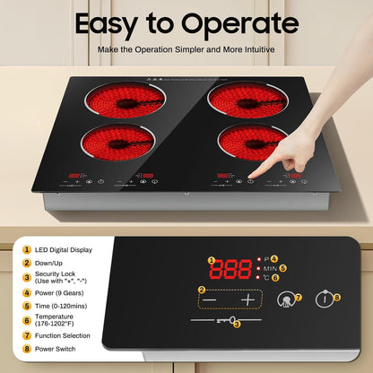 4 Burner Electric Cooktop 110V, 23 Inch Electric Stove Countertop & Built-in, 3000W Ceramic Stove Top with 9 Heating Level, Child Lock, Timer, Hard Wire, No Plug