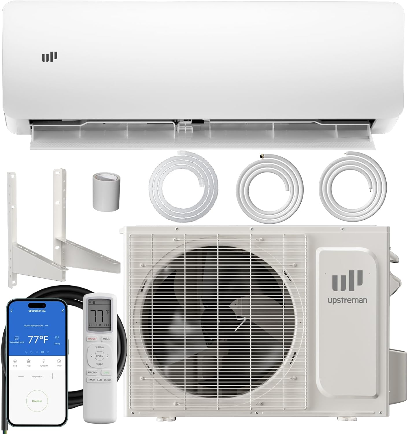 Upstreman 12000 BTU Mini Split Air Conditioner, 115/230V Mini Split AC Unit, Heating system, Energy Efficient Inverter AC, 20 SEER2, Energy Saving, Wifi Enabled, with Mounting Brackets (230V)