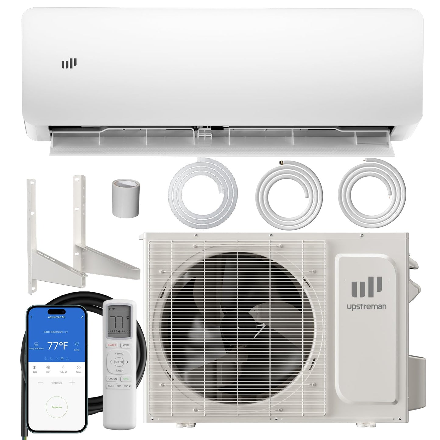 Upstreman 12000 BTU Mini Split Air Conditioner, 115/230V Mini Split AC Unit, Heating system, Energy Efficient Inverter AC, 20 SEER2, Energy Saving, Wifi Enabled, with Mounting Brackets (230V)