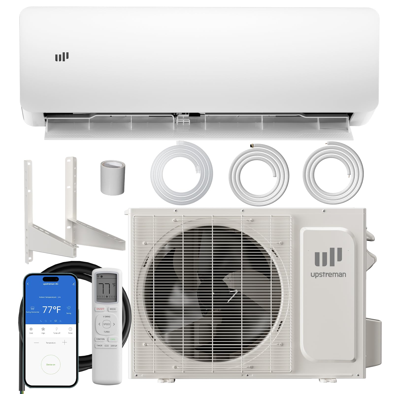 Upstreman 12000 BTU Mini Split Air Conditioner, 115/230V Mini Split AC Unit, Heating system, Energy Efficient Inverter AC, 20 SEER2, Energy Saving, Wifi Enabled, with Mounting Brackets (230V)