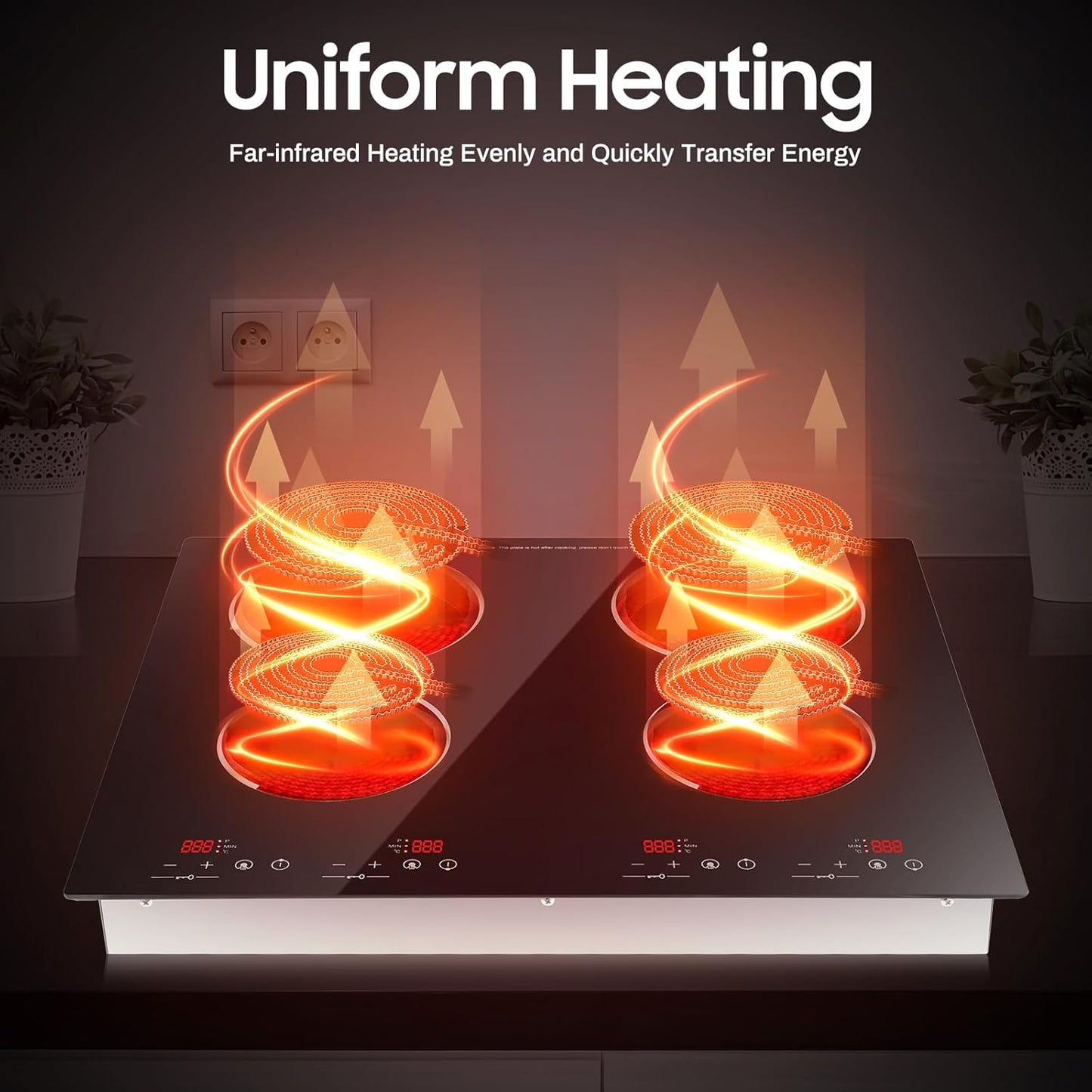 4 Burner Electric Cooktop 110V, 23 Inch Electric Stove Countertop & Built-in, 3000W Ceramic Stove Top with 9 Heating Level, Child Lock, Timer, Hard Wire, No Plug