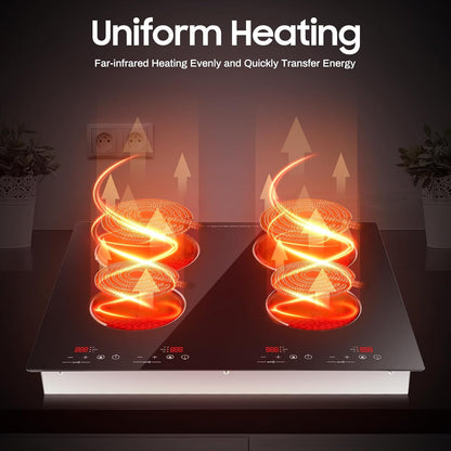 4 Burner Electric Cooktop 110V, 23 Inch Electric Stove Countertop & Built-in, 3000W Ceramic Stove Top with 9 Heating Level, Child Lock, Timer, Hard Wire, No Plug