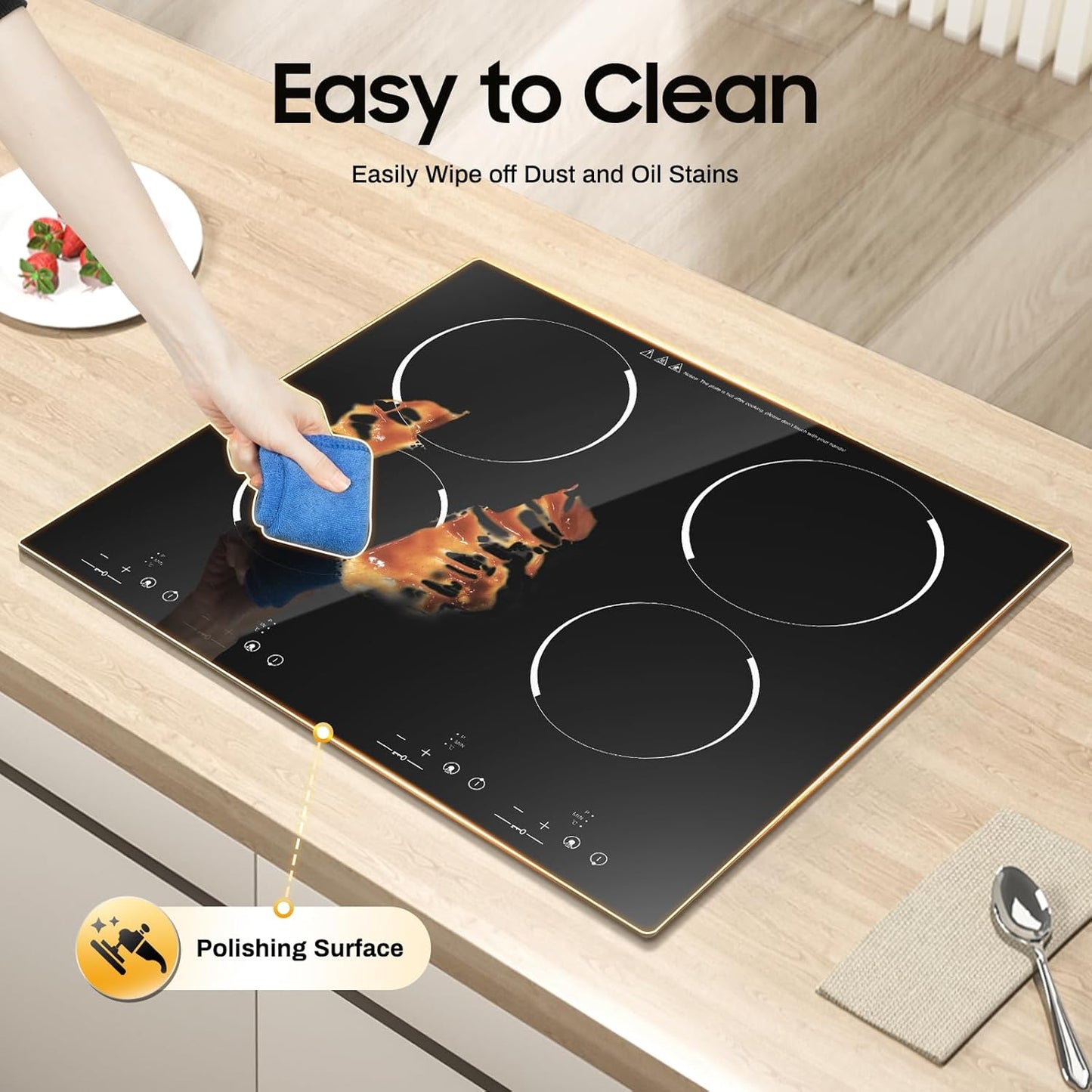 4 Burner Electric Cooktop 110V, 23 Inch Electric Stove Countertop & Built-in, 3000W Ceramic Stove Top with 9 Heating Level, Child Lock, Timer, Hard Wire, No Plug