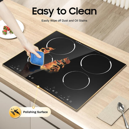 4 Burner Electric Cooktop 110V, 23 Inch Electric Stove Countertop & Built-in, 3000W Ceramic Stove Top with 9 Heating Level, Child Lock, Timer, Hard Wire, No Plug