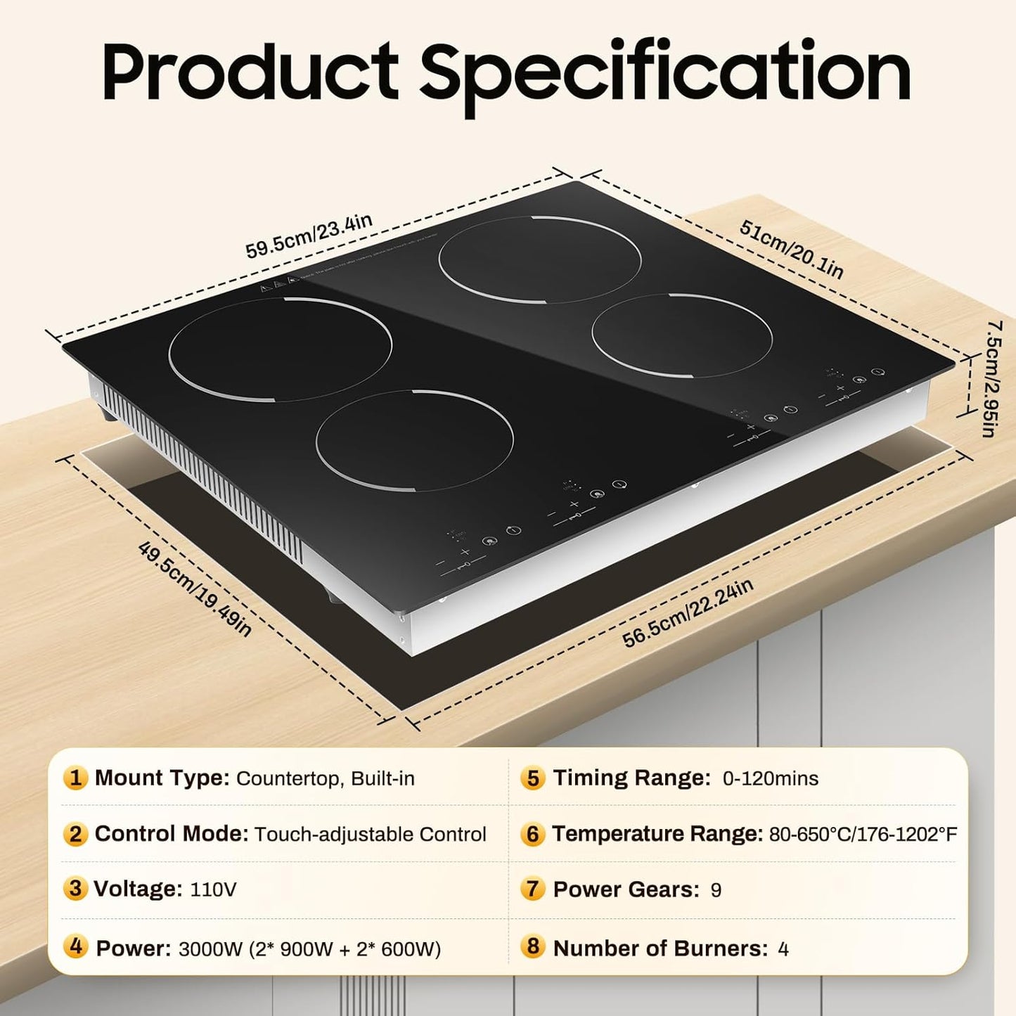 4 Burner Electric Cooktop 110V, 23 Inch Electric Stove Countertop & Built-in, 3000W Ceramic Stove Top with 9 Heating Level, Child Lock, Timer, Hard Wire, No Plug