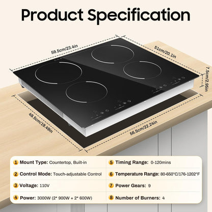 4 Burner Electric Cooktop 110V, 23 Inch Electric Stove Countertop & Built-in, 3000W Ceramic Stove Top with 9 Heating Level, Child Lock, Timer, Hard Wire, No Plug