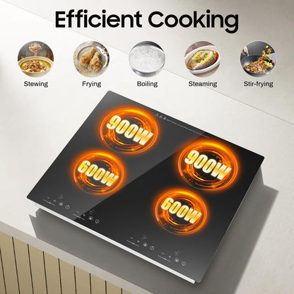 4 Burner Electric Cooktop 110V, 23 Inch Electric Stove Countertop & Built-in, 3000W Ceramic Stove Top with 9 Heating Level, Child Lock, Timer, Hard Wire, No Plug