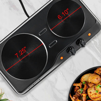 OVENTE Electric Countertop Double Burner, 1700W Cooktop with 7.25" and 6.10" Cast Iron Hot Plates, Temperature Control, Portable Cooking Stove and Easy to Clean Stainless Steel Base, Black BGS102B